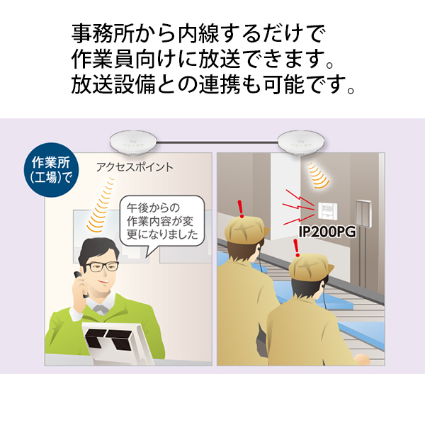 IP200PGは事務所から内線するだけで作業員向けに放送可能。放送設備との連携も可能。